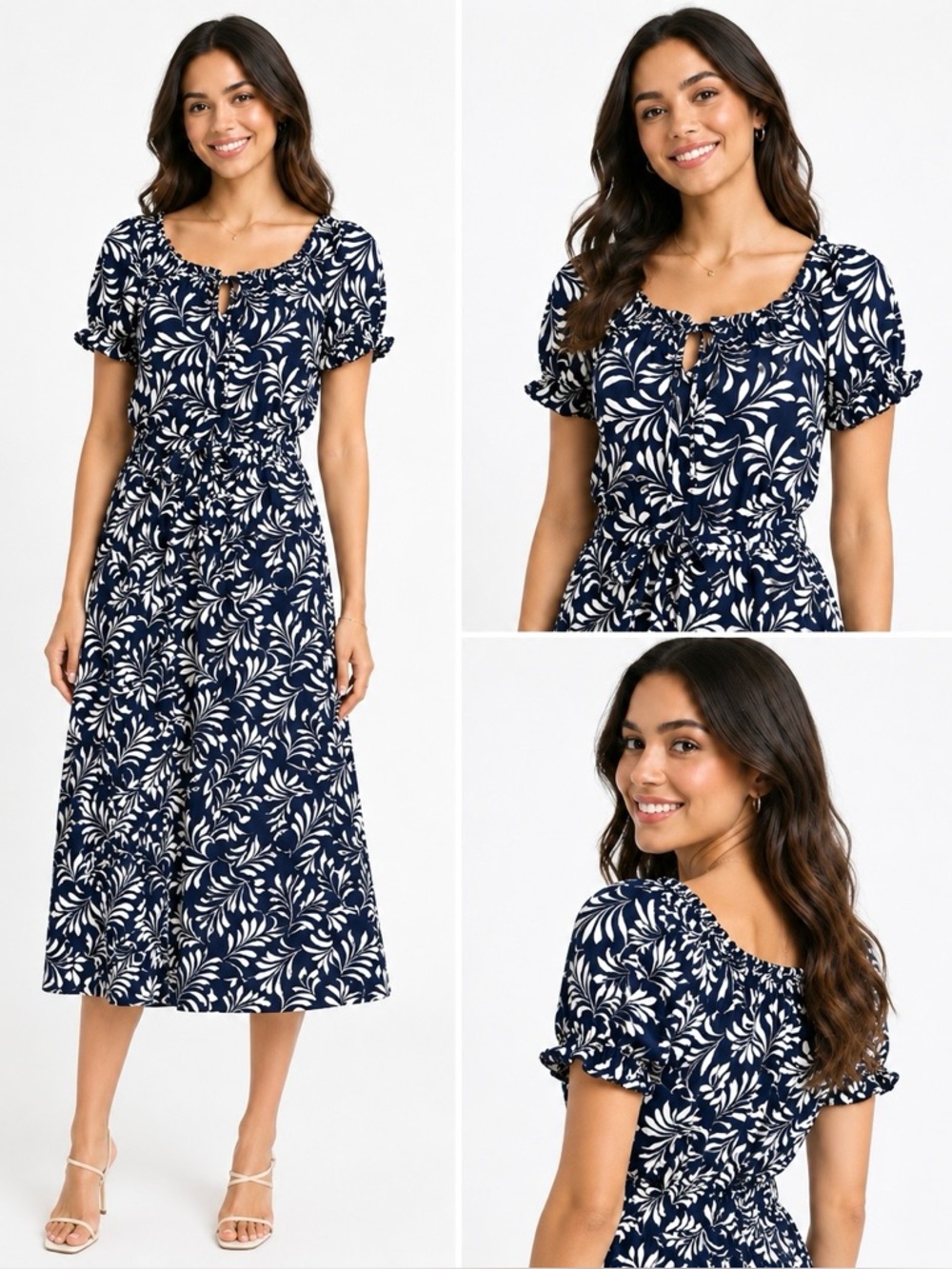 Joie De Vivre Midi Dress Floral Print Short Sleeve Crew Elastic Neck with Tie